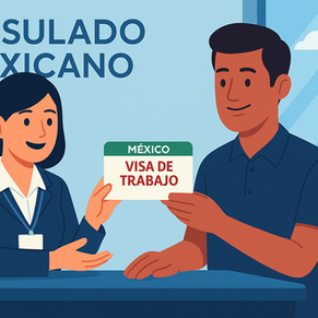 Ilustración en un consulado mexicano donde un funcionario entrega una visa por oferta de empleo a una persona extranjera, destacando los errores comunes y cómo evitarlos.