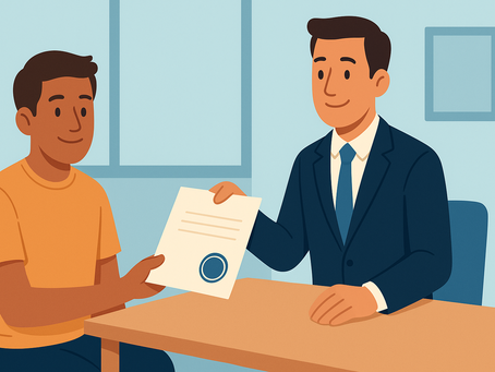 Ilustración en tonos azules de un abogado migratorio mostrando un acta de nacimiento mexicana con sello de apostilla, para validar el documento en el extranjero en 2025.