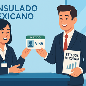 Ilustración en un consulado mexicano donde un funcionario entrega una visa de inversionista a una persona extranjera, representando la posibilidad de establecer un negocio legalmente en México.