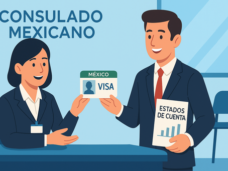 Ilustración en un consulado mexicano donde un funcionario entrega una visa de inversionista a una persona extranjera, representando la posibilidad de establecer un negocio legalmente en México.