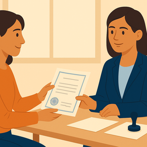 Estudiante extranjera entregando documentos para revalidación de estudios ante la SEP en México, acompañada por abogado migratorio de Migrans.