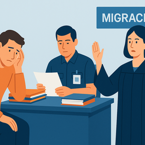 Ilustración en tonos azules de una audiencia en migración: un extranjero preocupado frente a un funcionario del INM que revisa documentos, mientras una abogada levanta la mano para explicar el amparo contra la falta de respuesta de la autoridad.