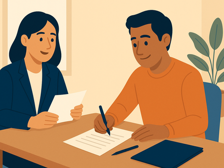 “Extranjeros firmando contrato de arrendamiento con abogado migratorio en México, revisando documentos legales en oficina.