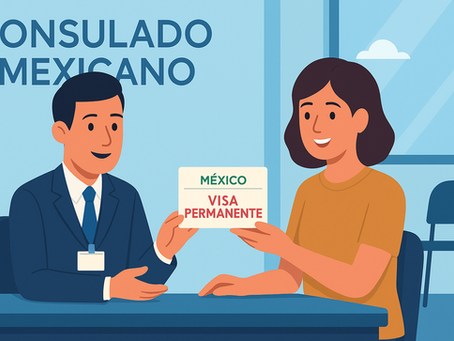 Ilustración en un consulado mexicano donde un funcionario entrega una visa de residencia permanente a una persona extranjera.