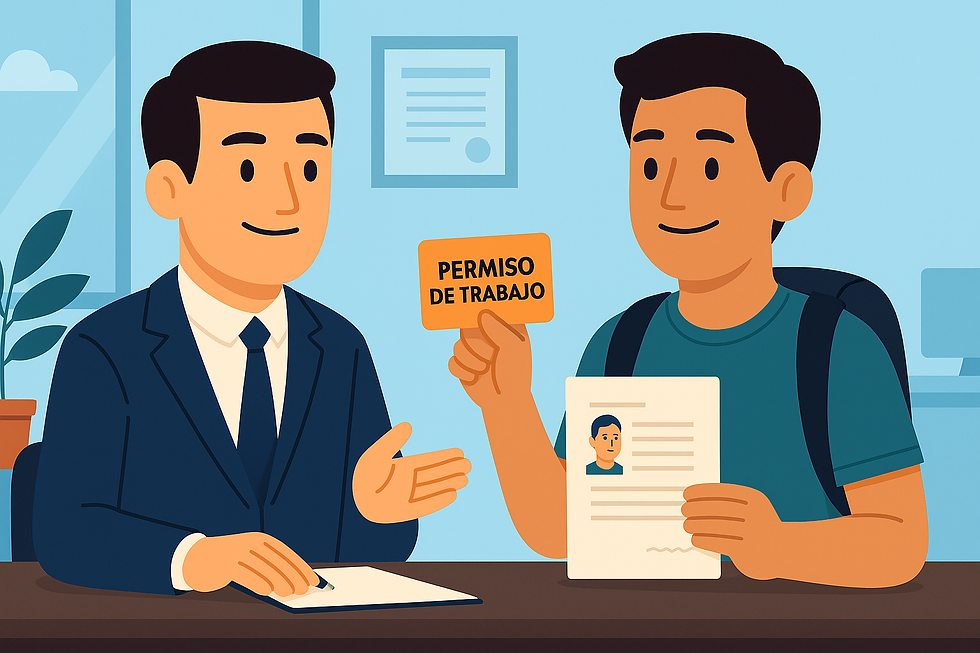 Ilustración de un estudiante extranjero mostrando su permiso de trabajo en una oficina en México, representando la guía completa para ejercer legalmente en su área de estudios.
