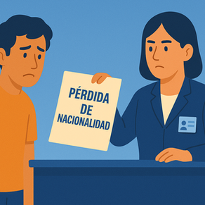 Ilustración de una persona preocupada en una oficina de gobierno recibiendo un documento de pérdida de nacionalidad mexicana, representando qué significa y qué hacer en este caso.