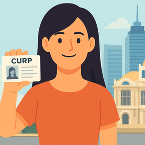 Ilustración de una persona mostrando su CURP en una oficina gubernamental en México, explicando qué es, cómo se tramita y los cambios que trae la nueva CURP biométrica en 2025.