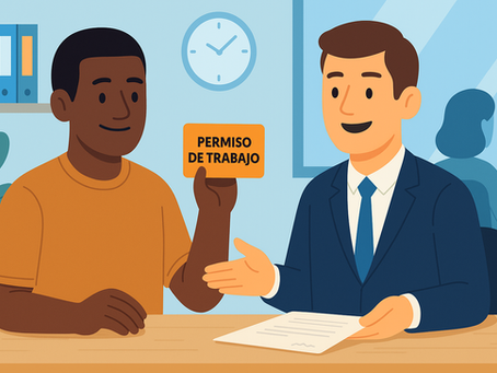 Ilustración de un hombre extranjero mostrando su permiso de trabajo y documentos frente a un funcionario en una oficina en México, representando la guía definitiva 2025 para obtenerlo.