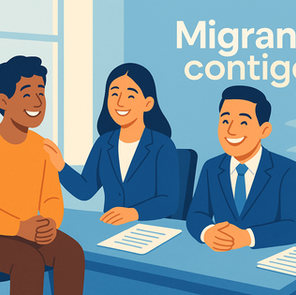 Ilustración en tonos azules con dos abogados de Migrans sonriendo y apoyando a una persona solicitante de refugio en México, dentro del programa Migrans Contigo.