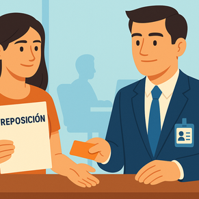 Ilustración en una oficina del Instituto Nacional de Migración donde una persona extranjera tramita la reposición de su tarjeta de residencia por robo o extravío, representando la guía detallada paso a paso.