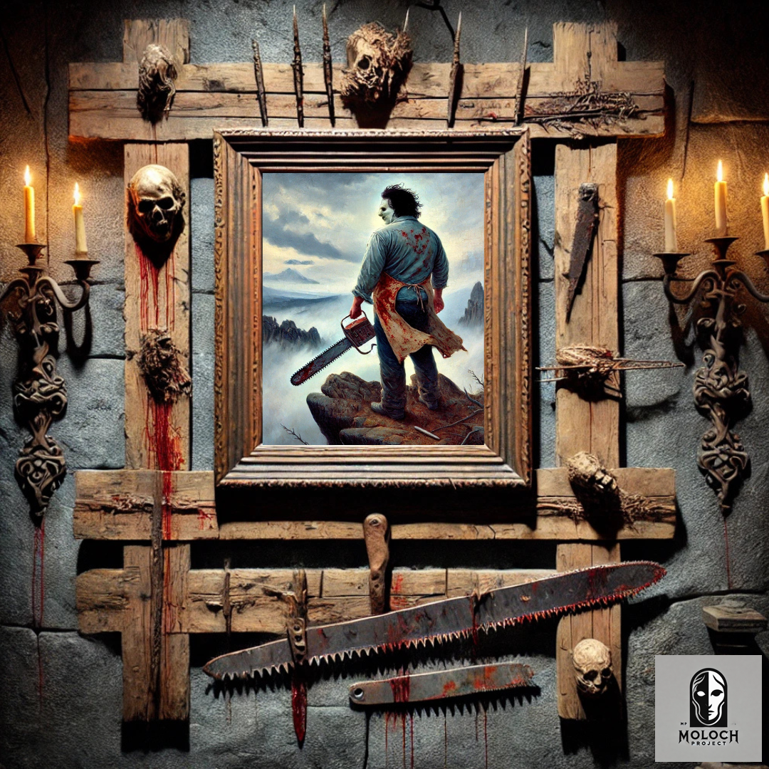 Leatherface viandante mare nebbia arte horror: il serial killer osserva l’orizzonte immerso nella nebbia, in una scena tra ar