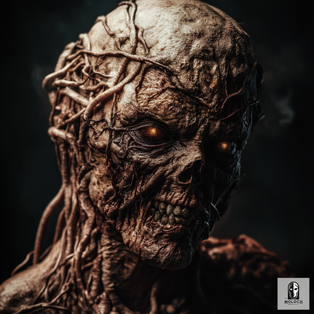 Mostro scheletrico e mostruoso con occhi roventi nel cuore di un bosco oscuro