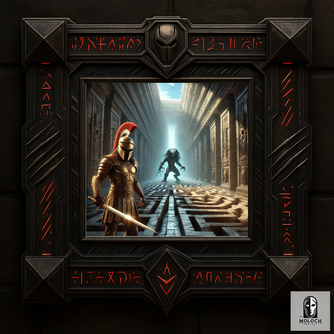 Teseo e Predator, un'interpretazione artistica che unisce la mitologia greca e l'orrore, con il leggendario eroe contro la be