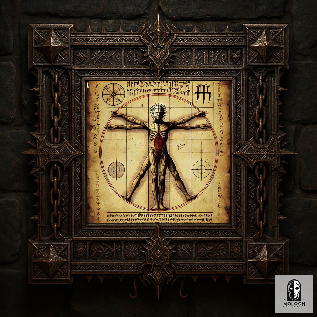 Pinhead uomo vitruviano arte horror: l’icona di Hellraiser sovrapposta allo schema di Leonardo, in una visione anatomica dist