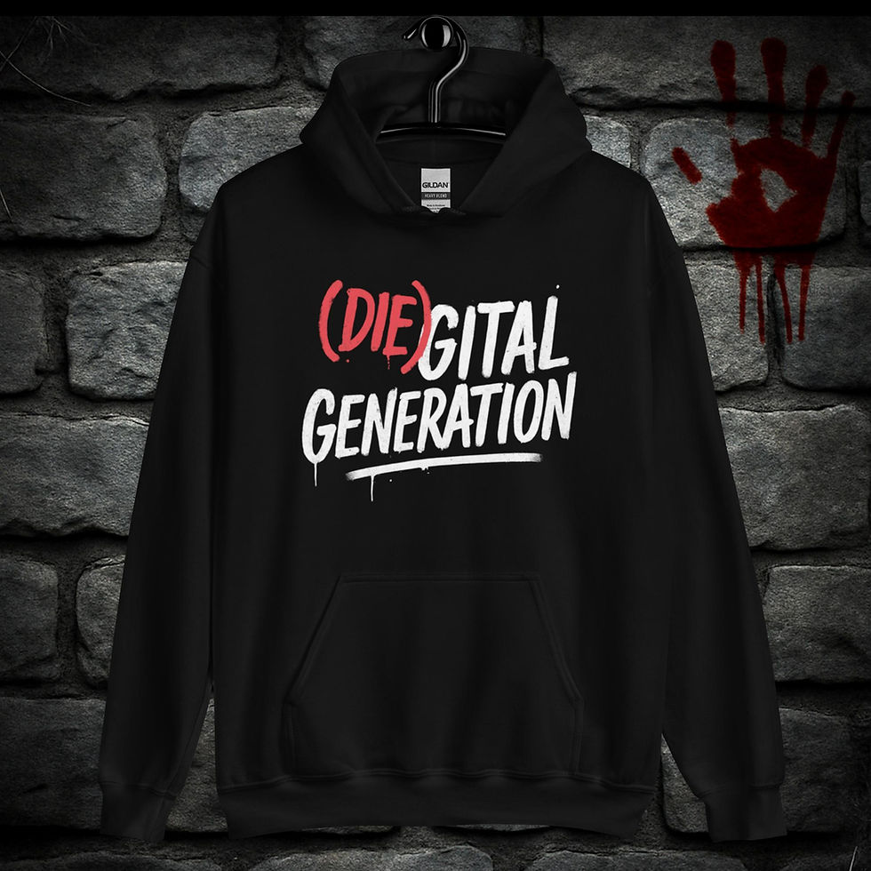 Felpa nera (DIE)GITAL GENERATION – felpa horror unisex, vista frontale, design Moloch Project.