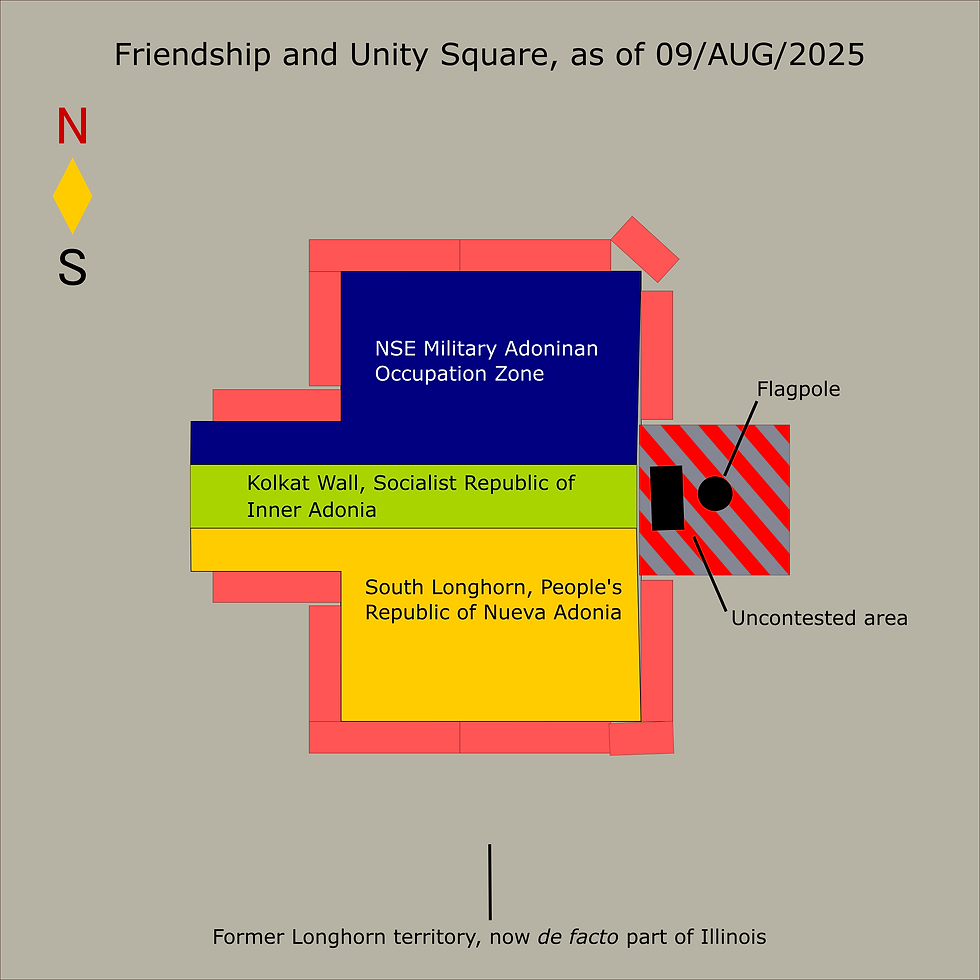 Mapa en inglés de la Plaza de la Amistad y la Unidad como está actualmente dividida, al sur (en amarillo) Longhorn del Sur, capital de la República Popular de Nueva Adonia, Muro de Kolkat (en verde), capital de la República Socialista de Adonia Interior y la Zona de Ocupación Militar Adoniana del IMN (en azul). El área con un patrón de rayas rojas es un área sin reclamar por ninguna nación por el momento.