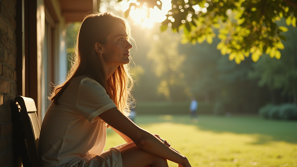 High angle view of a person sitting outside on a sunny day with light filtering through leaves