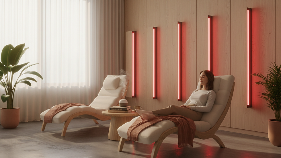 Eye-level view of a wellness studio with red light therapy panels