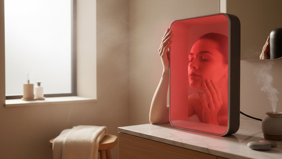 Close-up view of red light therapy device emitting light