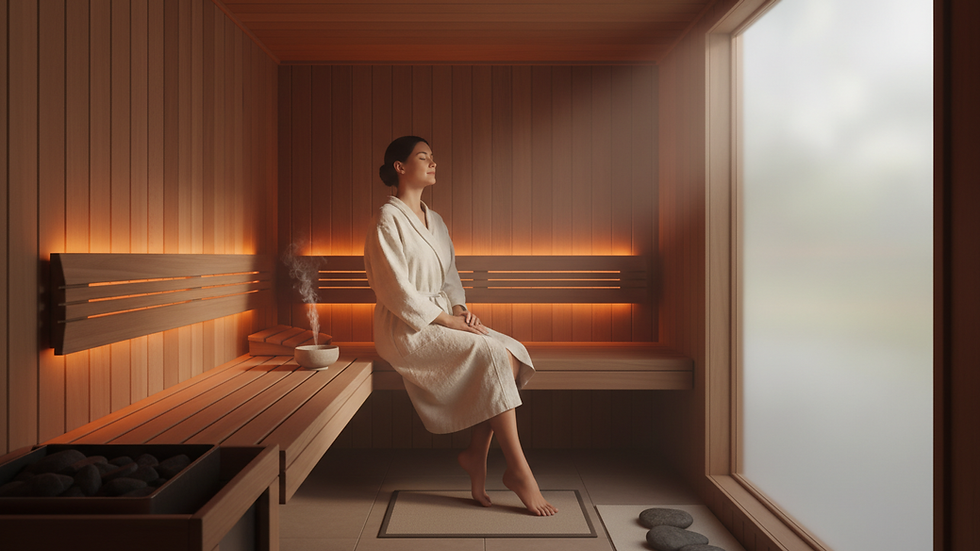 Eye-level view of a modern infrared sauna cabin with wooden interior