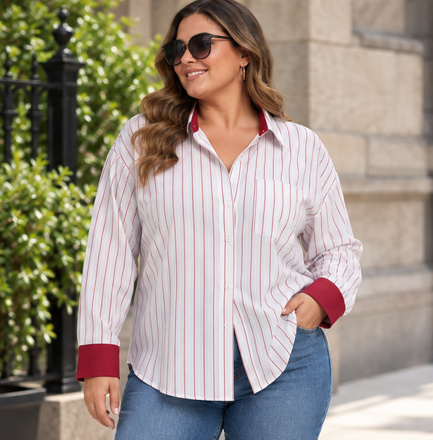 Red Pinstripe Contrast Cuff Shirt
