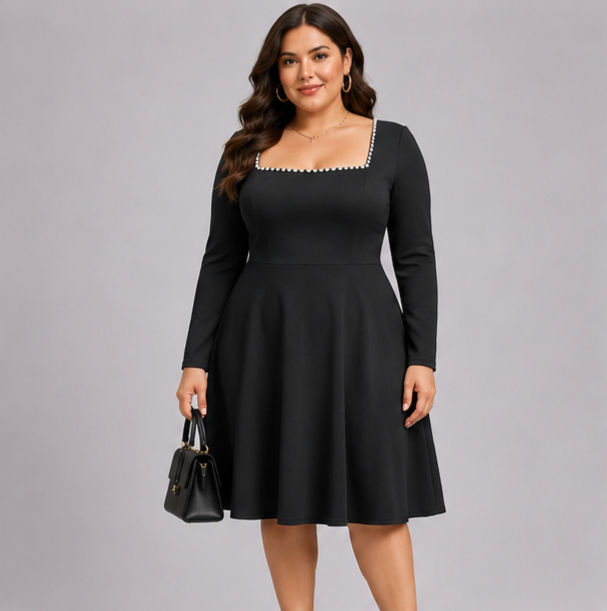 Black Pearl Trim Skater Dress