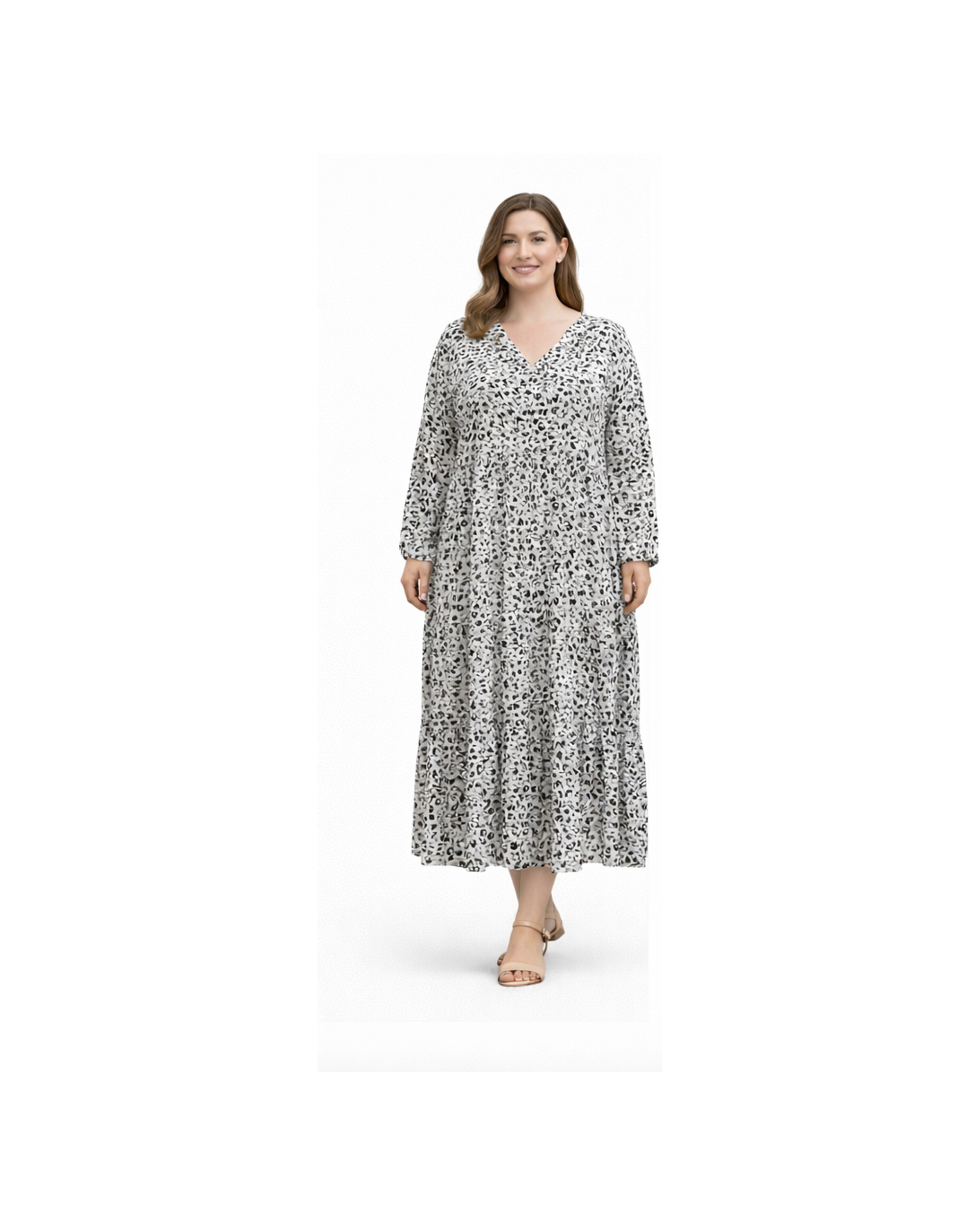 Monochrome Animal Print Tiered Midi Dress - Plus Size