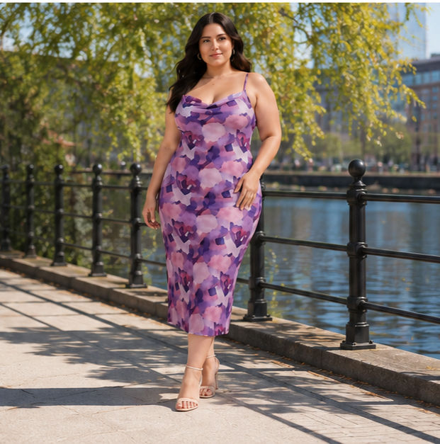 Purple Abstract Print Cowl Neck Midi Dress