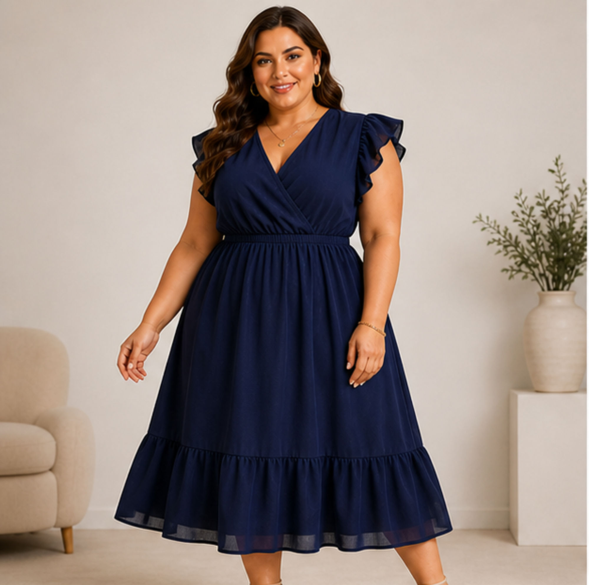 Navy Ruffle Sleeve Midi Dress - Plus Size