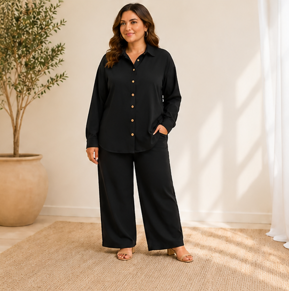 Thumbnail: Black Relaxed Fit Shirt & Wide Leg Trouser Co-Ord Set