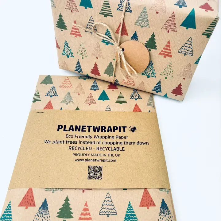 Colourful Christmas Trees Recycled Kraft Gift Wrapping Paper - 5m Roll