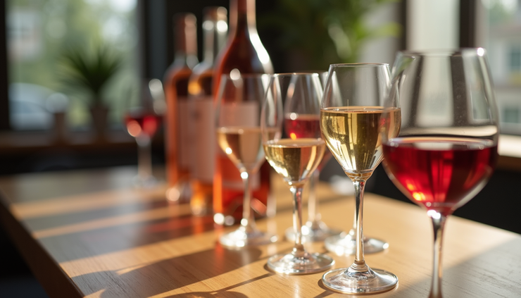 Vista a nivel de mesa con diferentes copas de vino y botellas