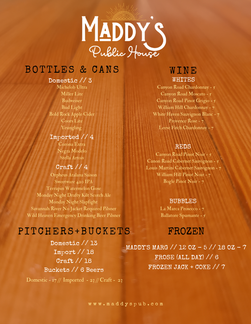 Menus Maddy's Public House Pub and Game Room United States