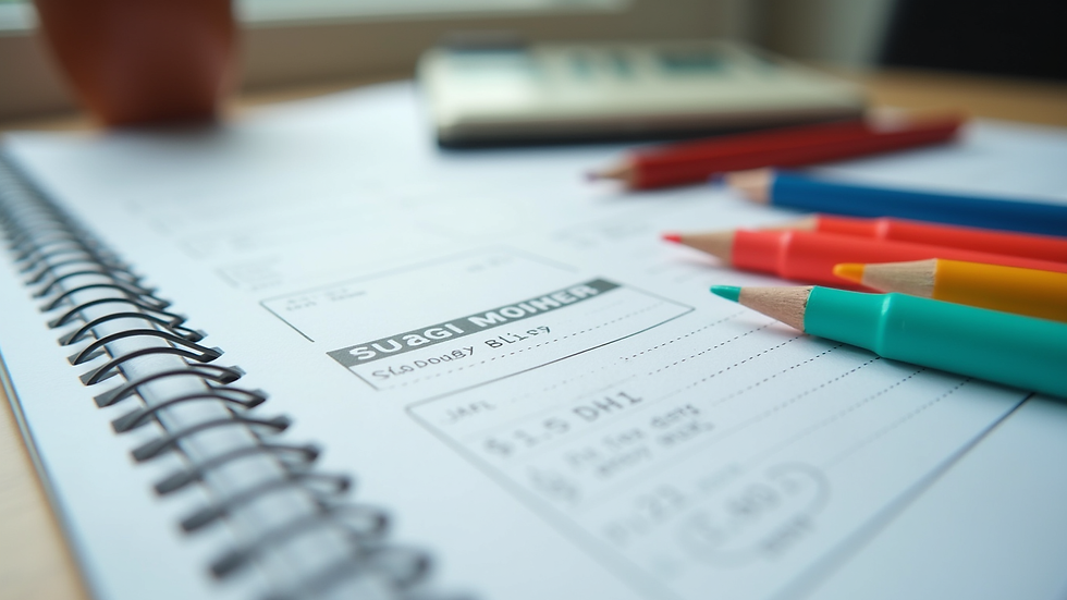Eye-level view of a neatly organized budget planner with colorful pens
