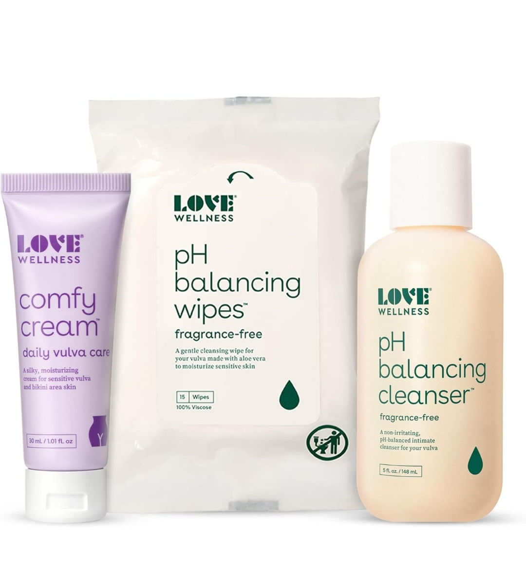 Love Wellness Vulva Moisturizer, Feminine Wipes & Wash Set | Comfy Cream, pH