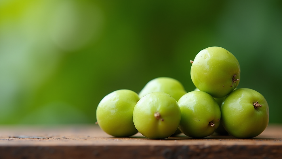 Close-up view of fresh green amla berries on a wooden surface