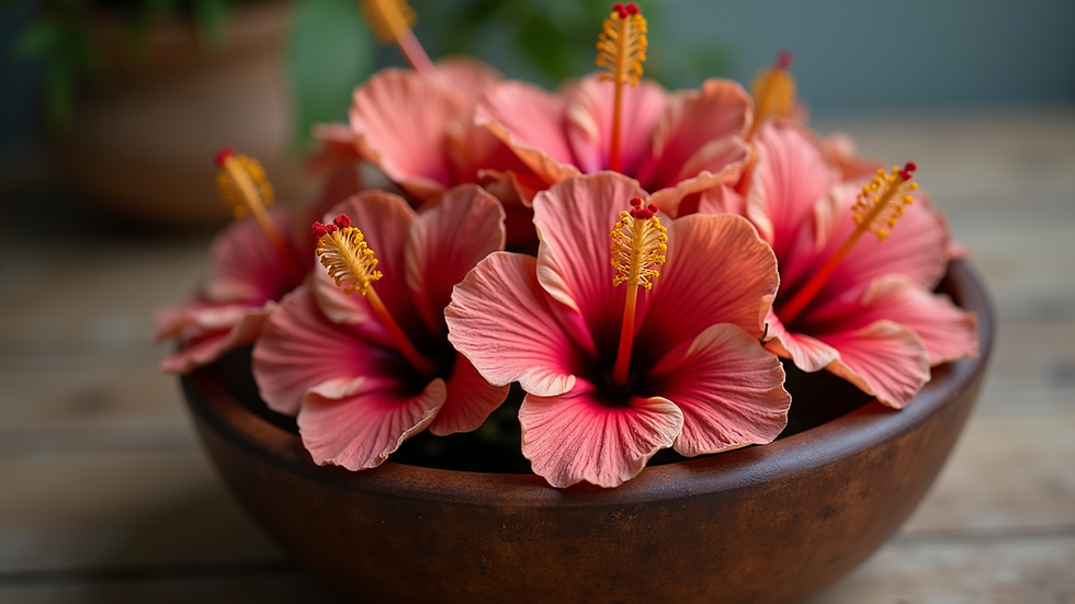Eye-level view of dried hibiscus flowers in a wooden bowl