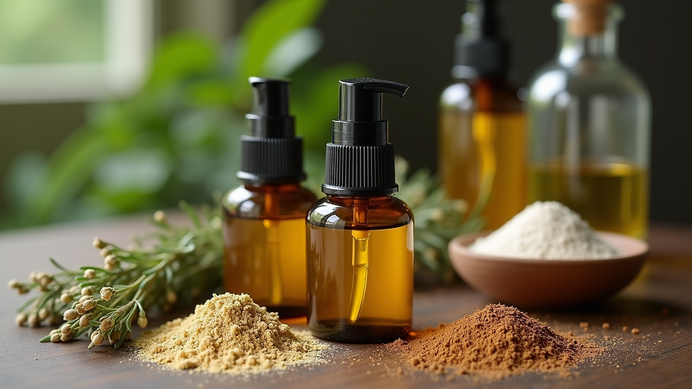 Eye-level view of herbal hair oils and powders arranged on a rustic table