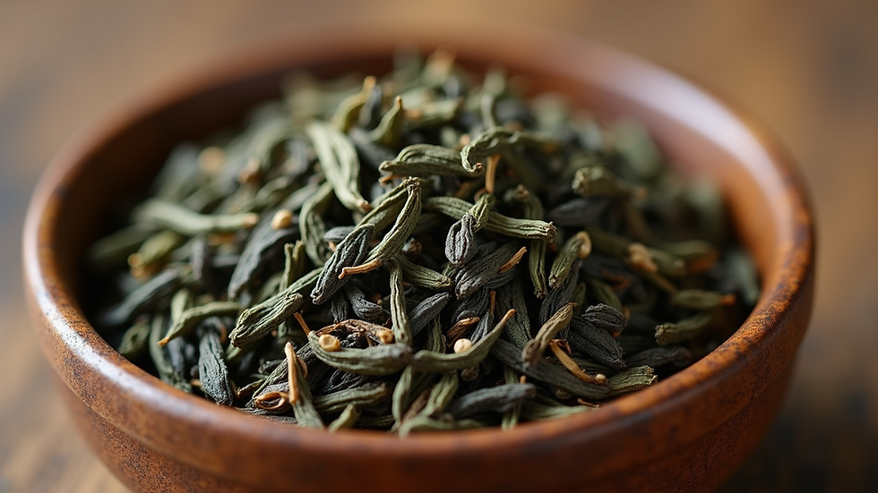 Heap of dried green tea leaves in a brown wooden bowl on a blurred background. Leaves are elongated, with a fresh earthy appearance.
