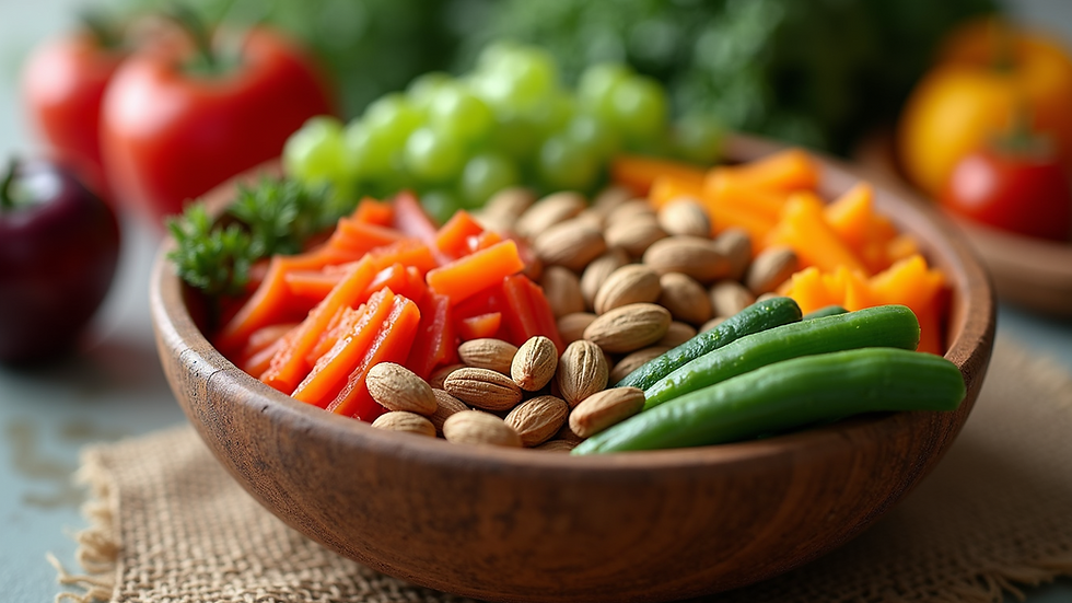 Close-up view of a bowl filled with colorful fresh vegetables and nuts