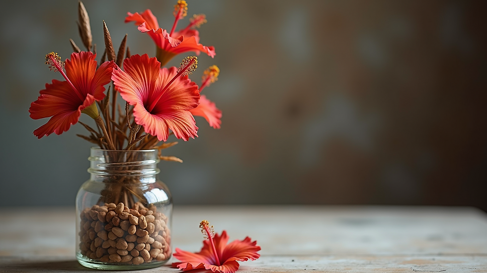 Eye-level view of dried hibiscus flowers in a glass jar