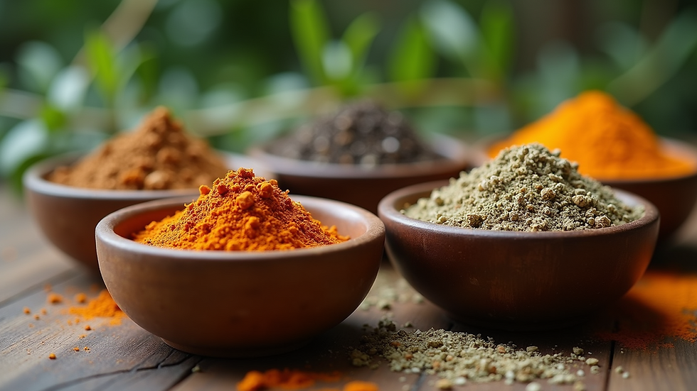 Eye-level view of dried herbs and powders in small bowls
