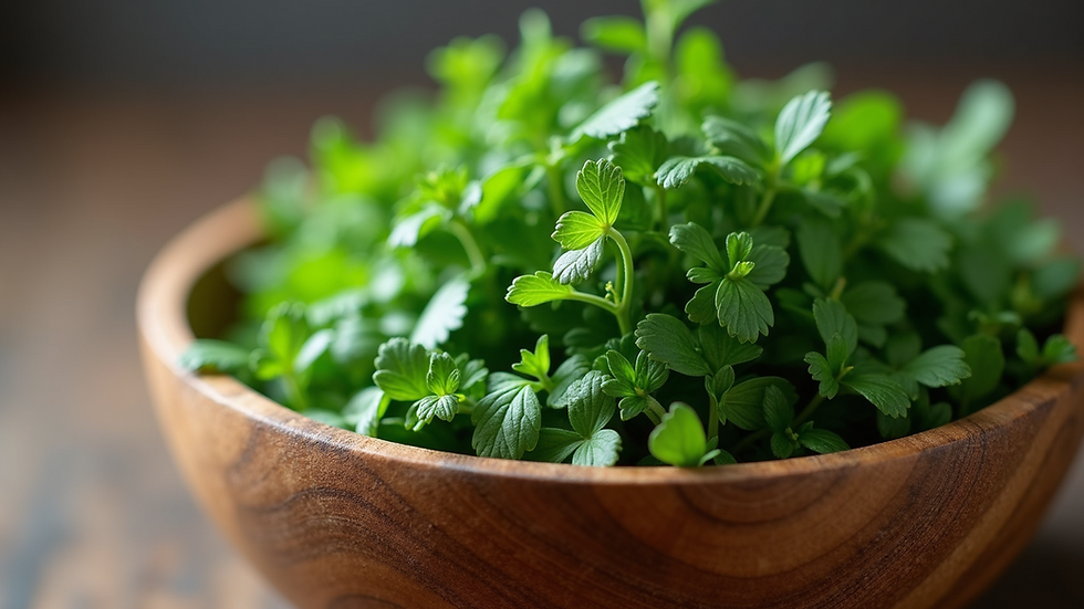 Close-up view of fresh green herbs in a wooden bowl
