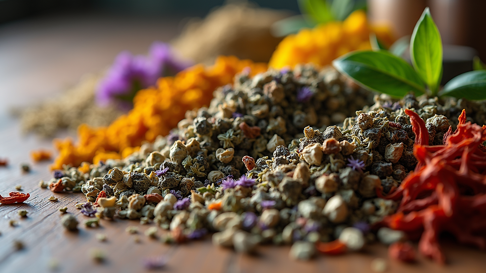 Eye-level view of dried herbs and flowers arranged for herbal tea blends