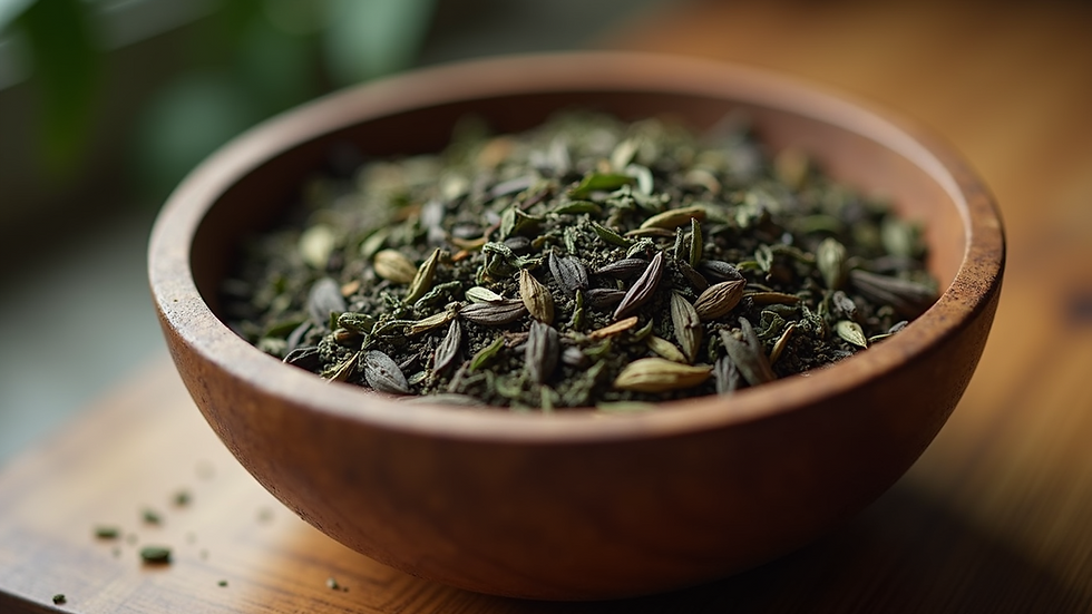 Close-up view of loose premium tea leaves in a wooden bowl