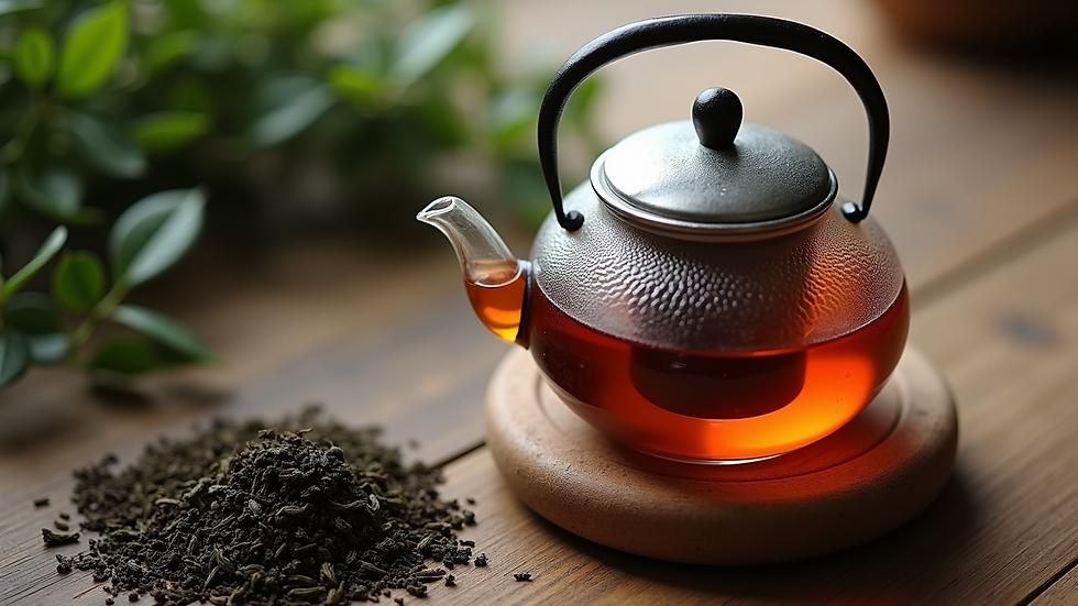 High angle view of tea brewing setup with teapot and loose leaves