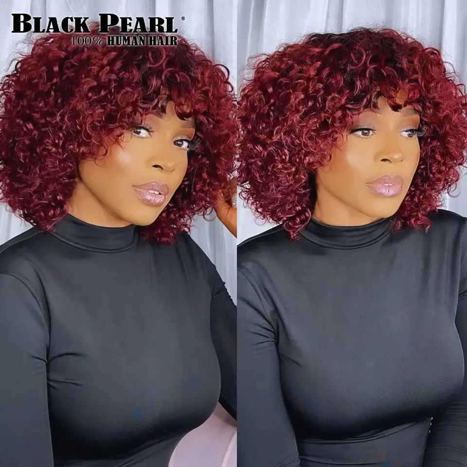 Thumbnail: Black Pearl Fringe Wig Human Hair Short Bob Wigs Pixie Wig Human Hair Curly Wig