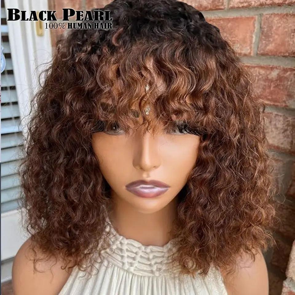 Thumbnail: Black Pearl Fringe Wig Human Hair Short Bob Wigs Pixie Wig Human Hair Curly Wig