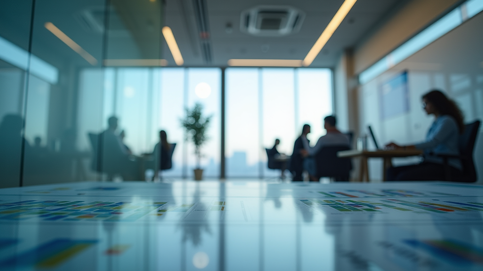 Eye-level view of a modern office with global business strategy charts