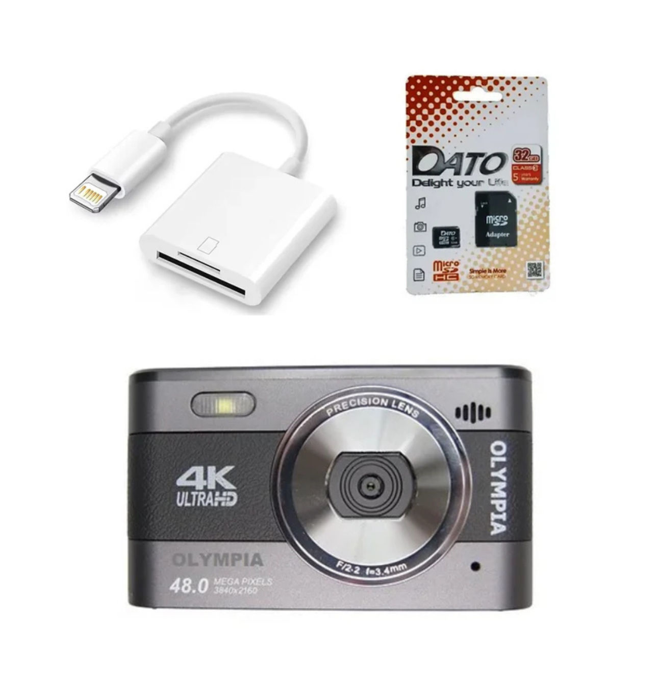 ערכת OLYMPIA 800A עם כרטיס SD 32GB וקורא כרטיס Lightning בצבע אפור